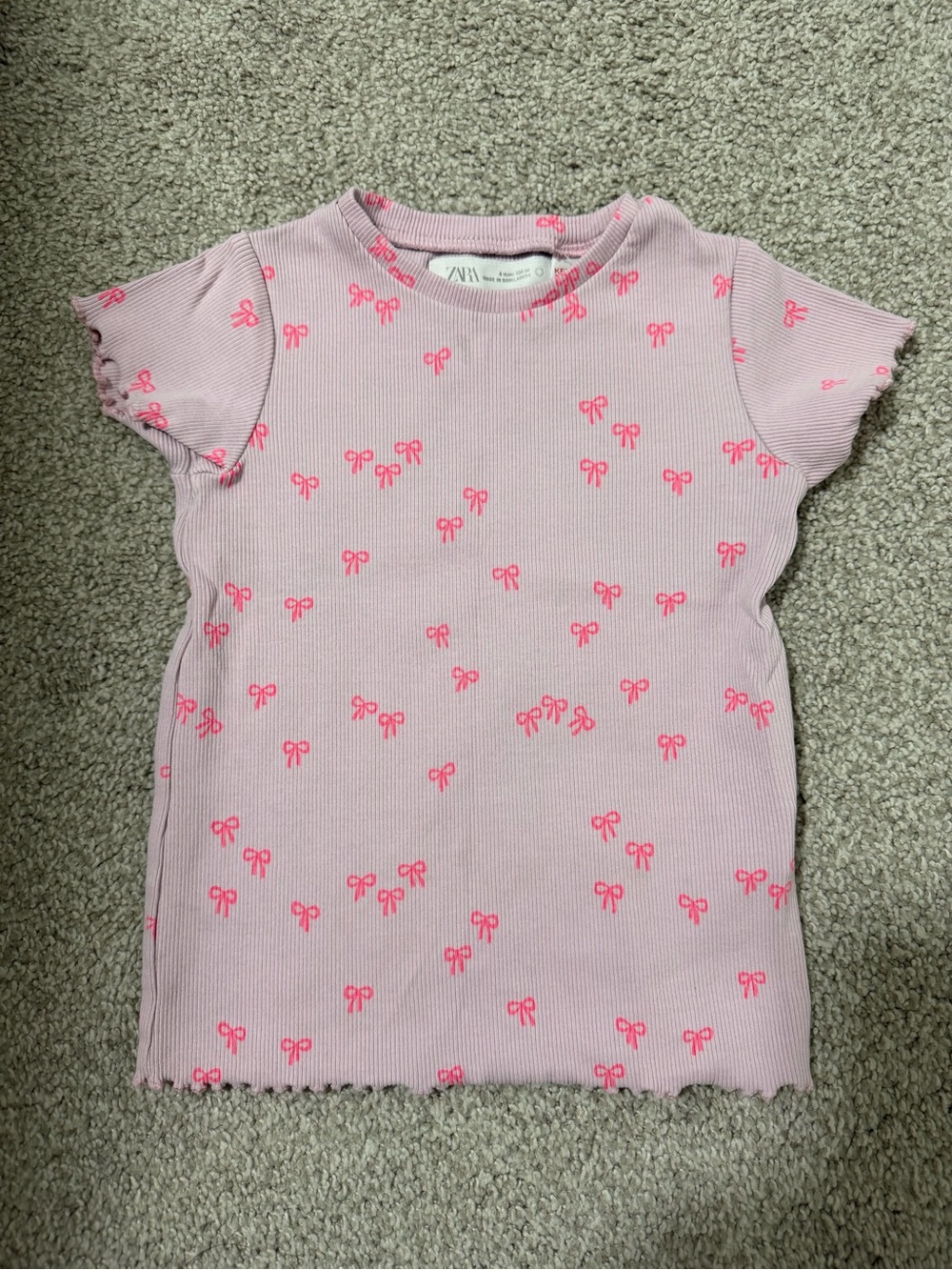 Zara Kids Pink Ribbed Tee with Neon Bow Print